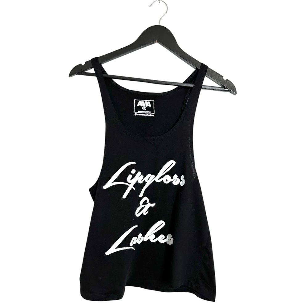 Lipgloss & Lashes Black Graphic Tank Top by Artist Makeup Academy Size Small